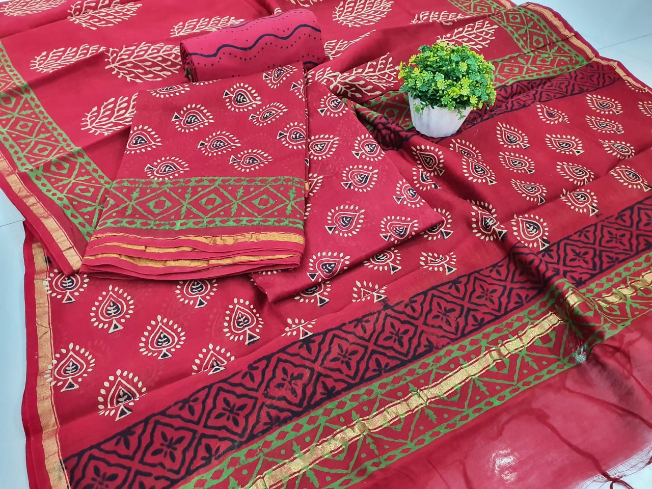 Cranberry Red Leaf Print Chanderi Silk Unstitched Suit Set with Chanderi Silk Dupatta