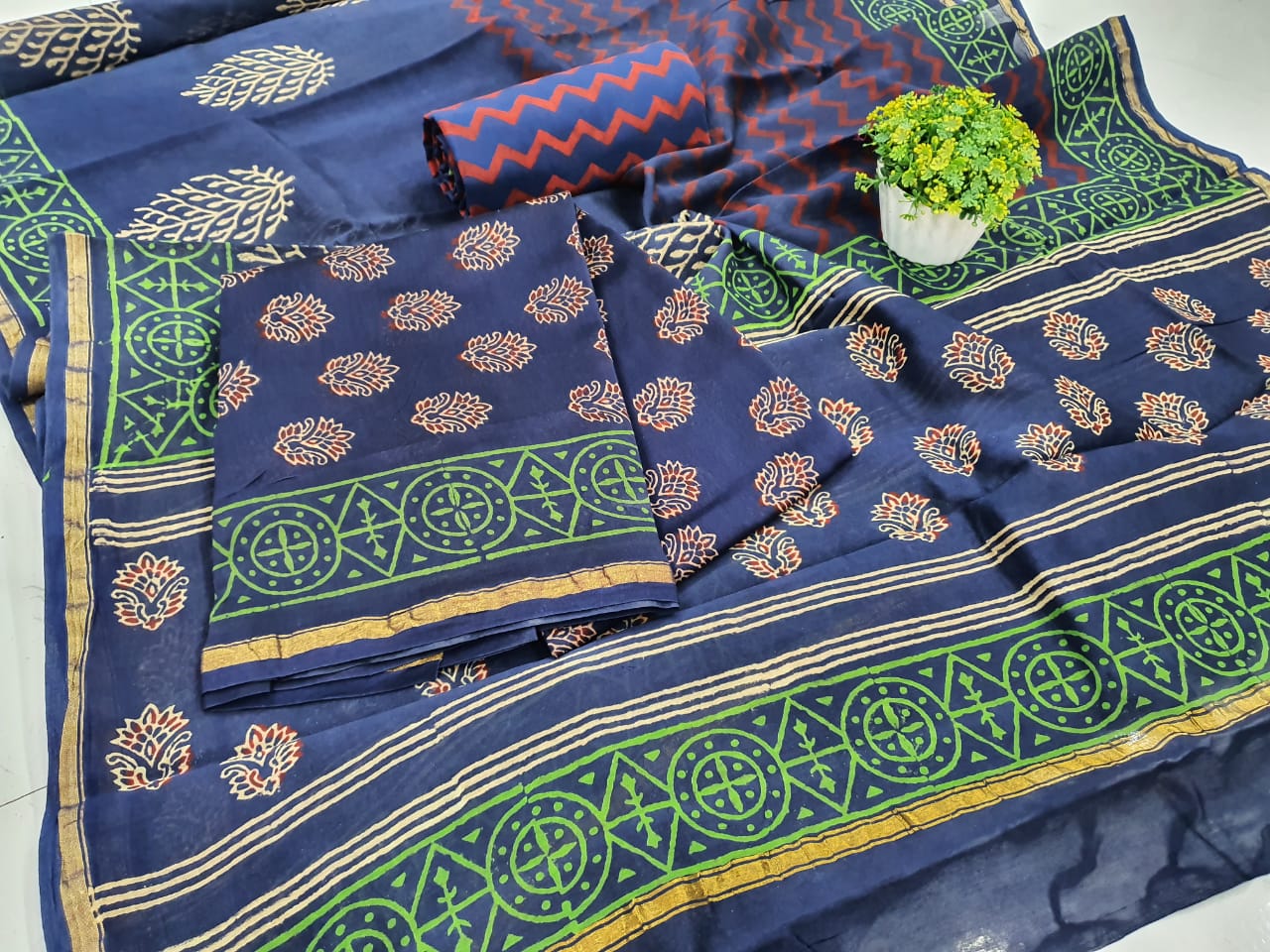 Blue Leaf Print Chanderi Silk Unstitched Suit Set with Chanderi Silk Dupatta