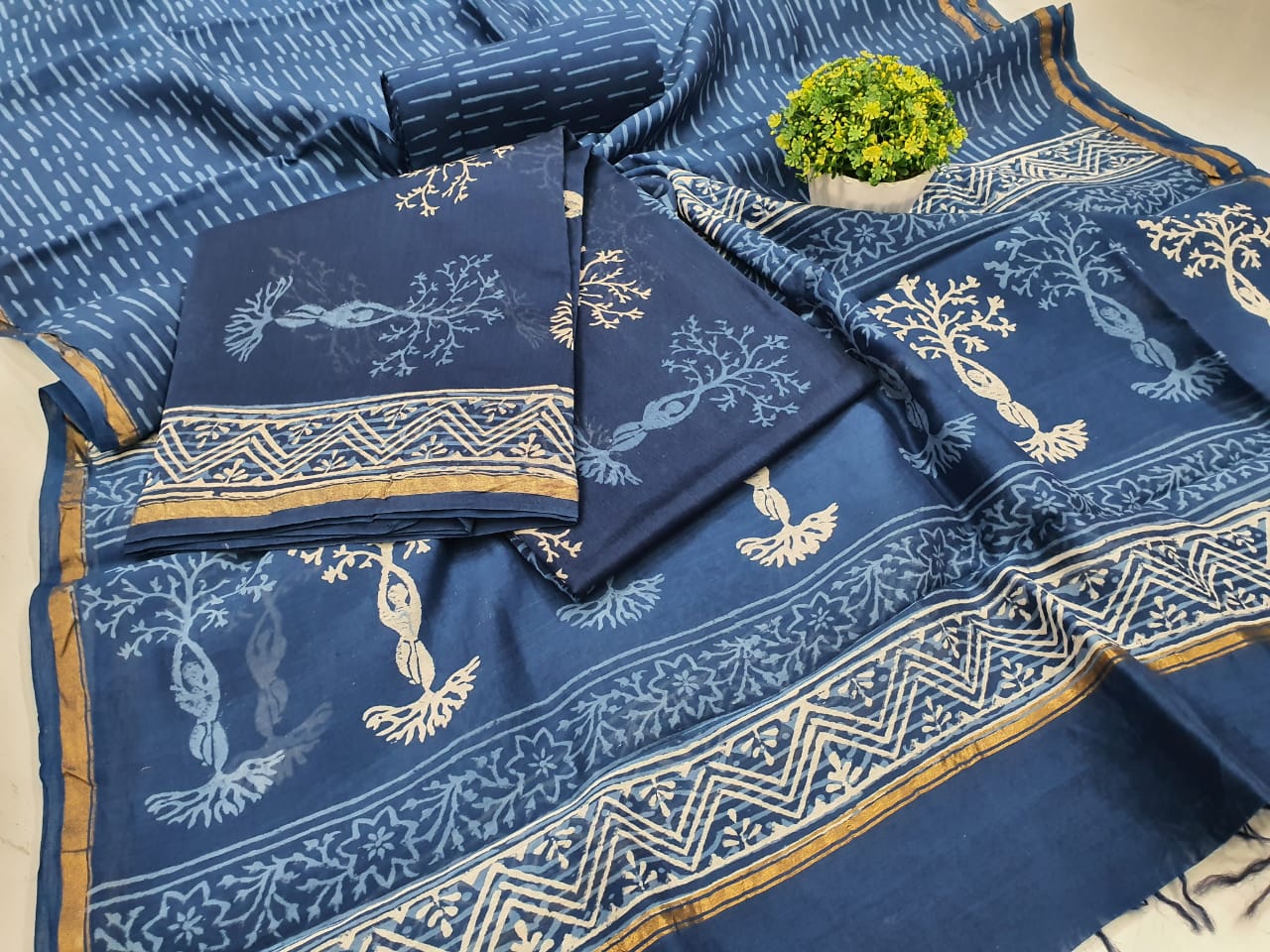 Blue Indigo Tree Print Chanderi Silk Unstitched Suit Set with Chanderi Silk Dupatta