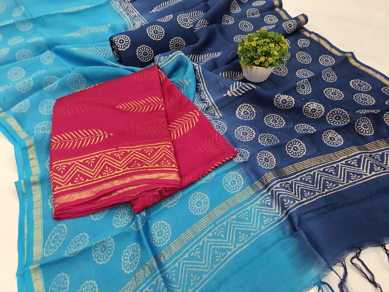 Blue Polka Dot Print Chanderi Silk Unstitched Suit Set with Chanderi Silk Dupatta