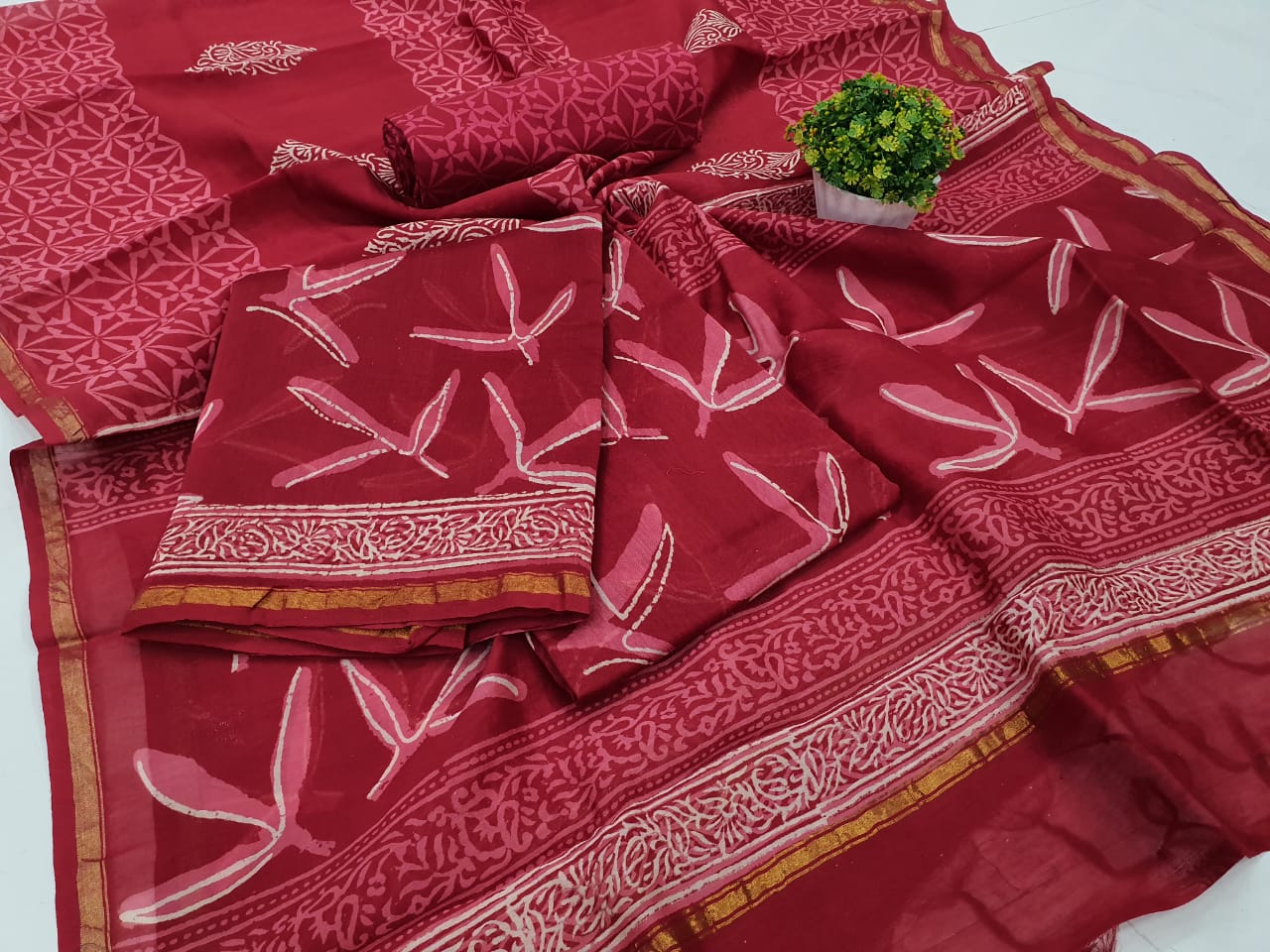 Brown Leaf Print Chanderi Silk Unstitched Suit Set with Chanderi Silk Dupatta