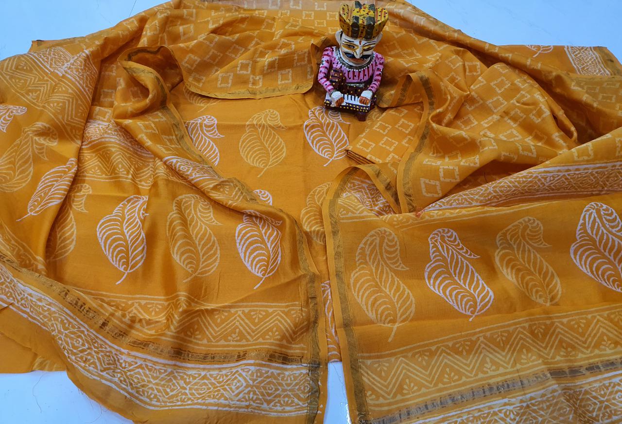 Yellow Leaf Print Chanderi Silk Unstitched Suit Set with Chanderi Silk Dupatta