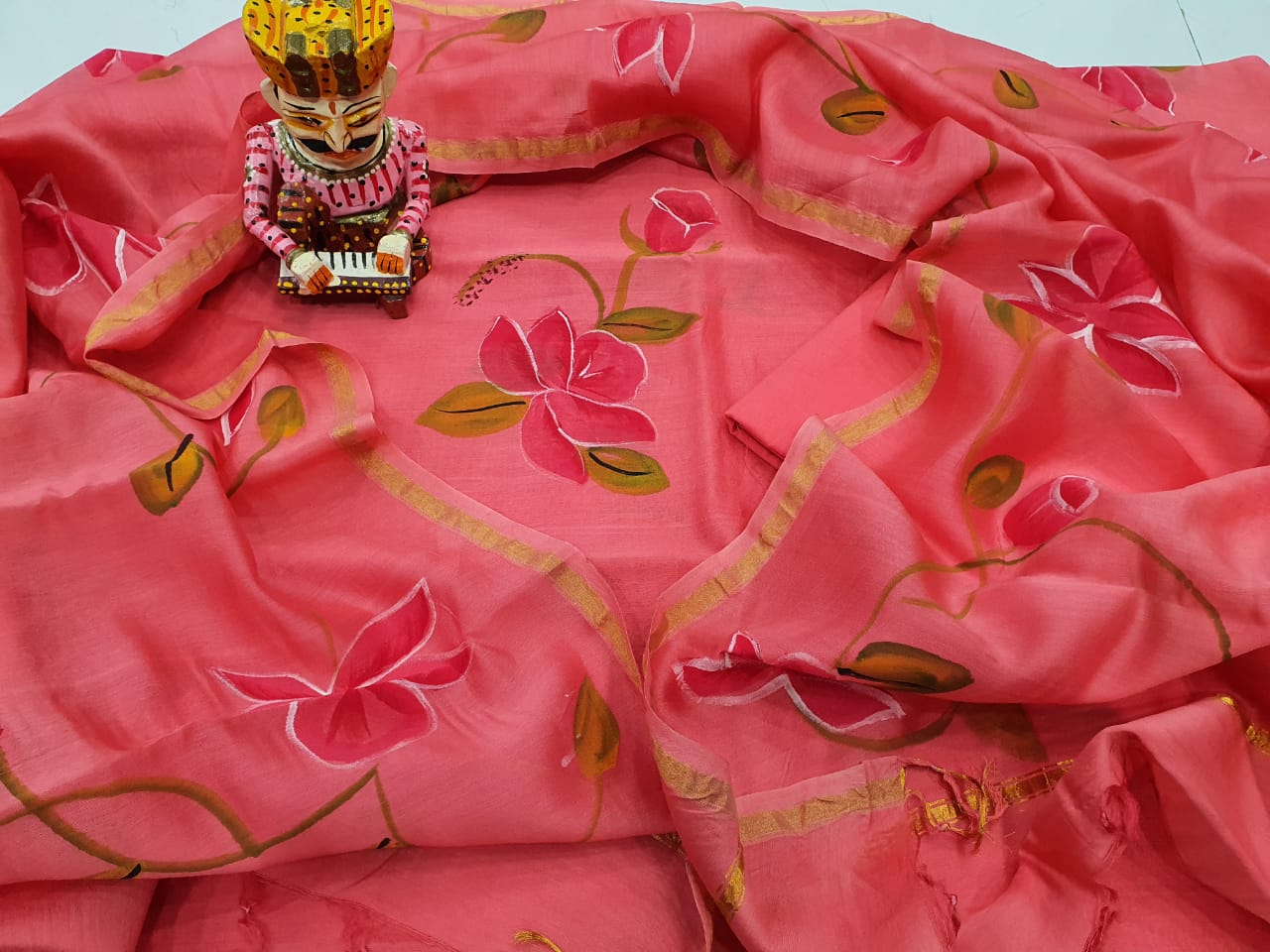 Light Red Flower Print Chanderi Silk Unstitched Suit Set with Chanderi Silk Dupatta