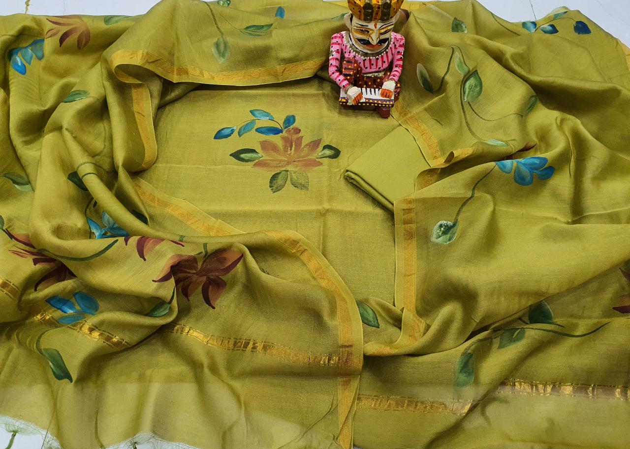 Mehndi Green Flower Print Chanderi Silk Unstitched Suit Set with Chanderi Silk Dupatta