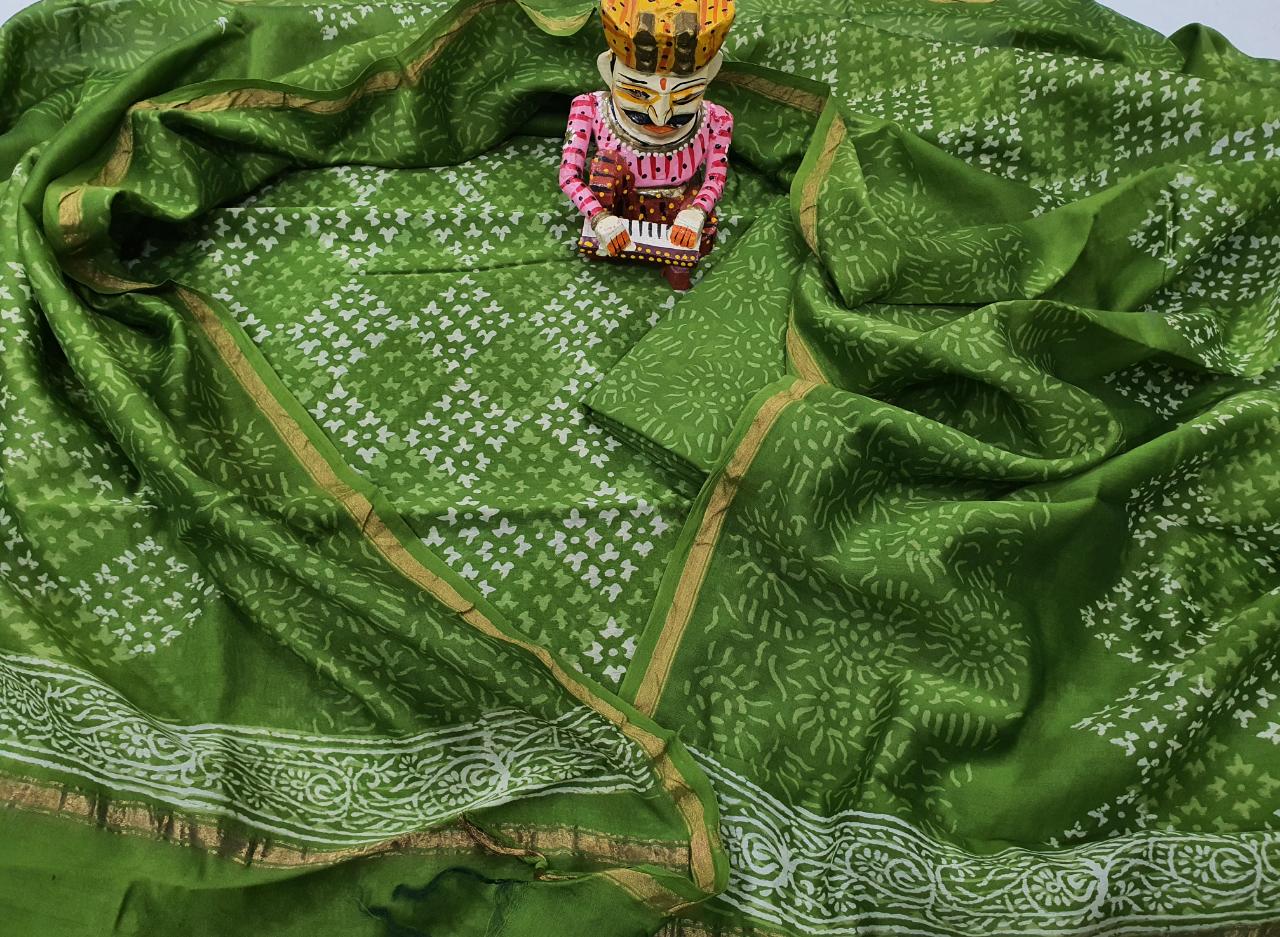Green Printed Chanderi Silk Unstitched Suit Set with Chanderi Silk Dupatta