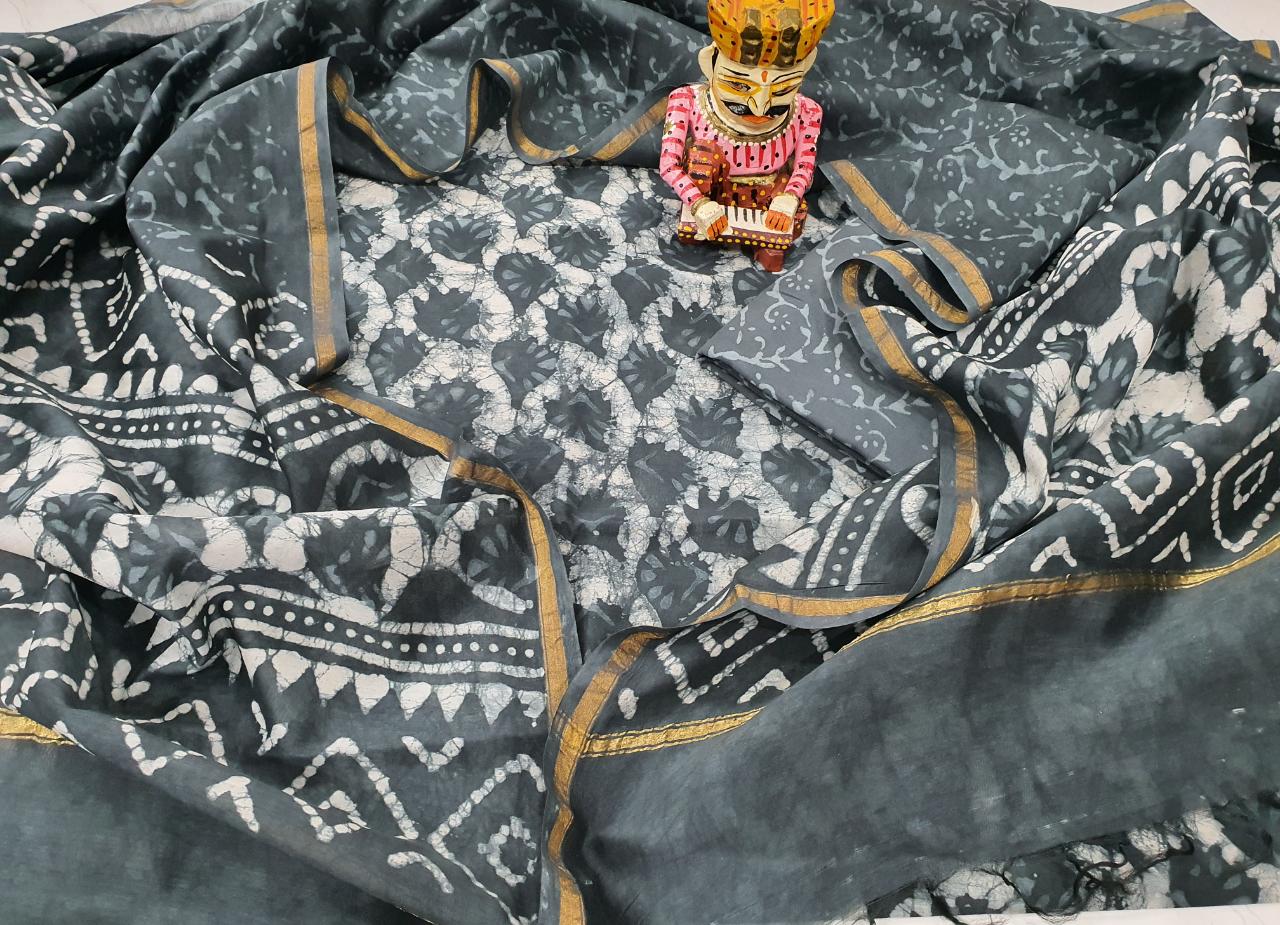 Grey Printed Chanderi Silk Unstitched Suit Set with Chanderi Silk Dupatta
