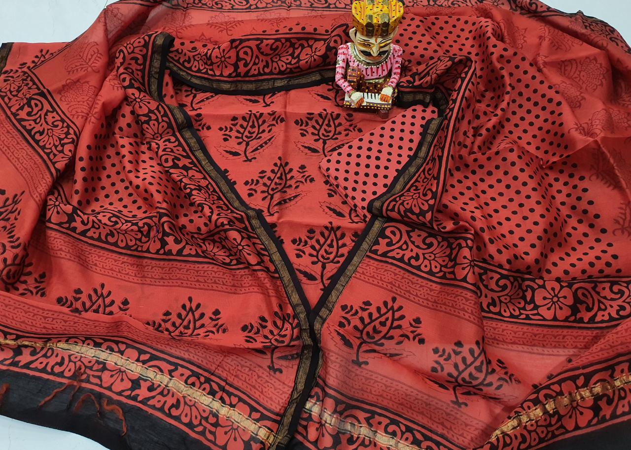 Brick Red Flower Print Chanderi Silk Unstitched Suit Set with Chanderi Silk Dupatta