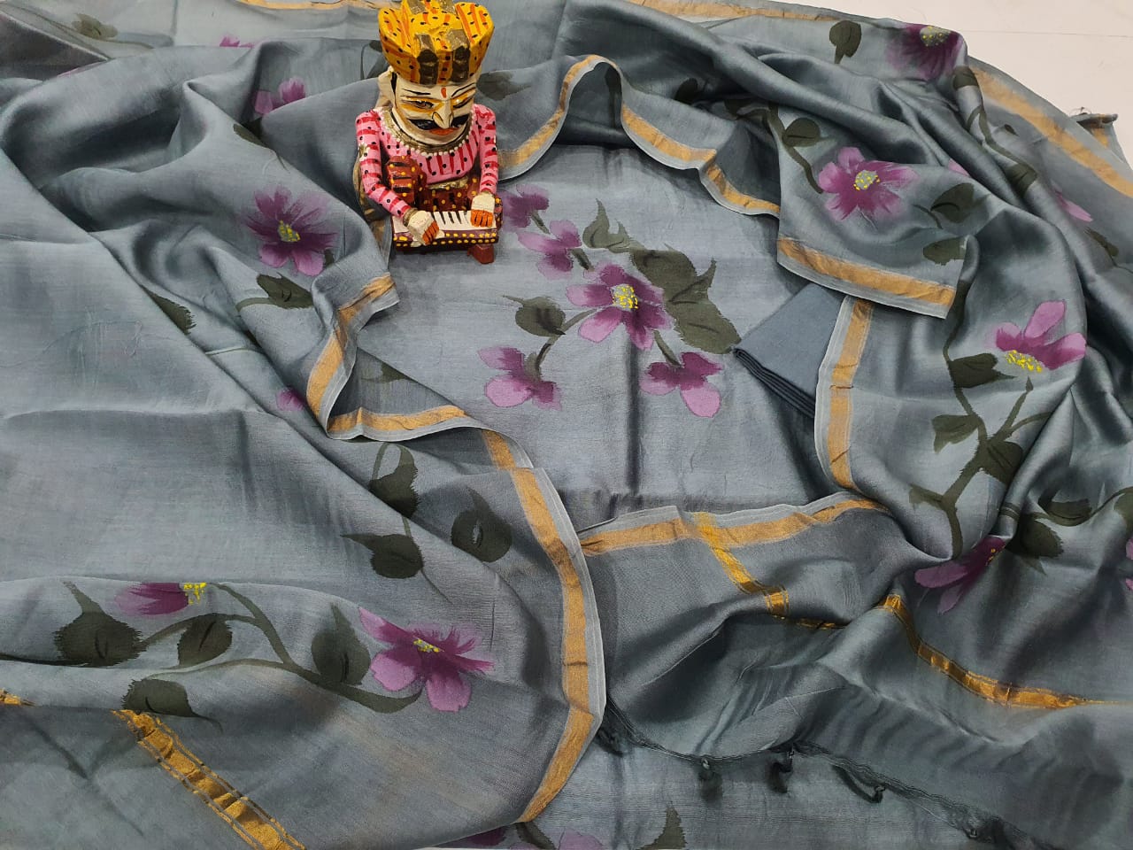 Grey Violet Flower Print Chanderi Silk Unstitched Suit Set with Chanderi Silk Dupatta