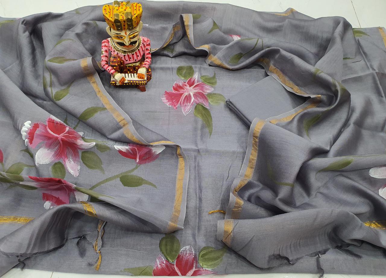 Grey Pink Flower Print Chanderi Silk Unstitched Suit Set with Chanderi Silk Dupatta