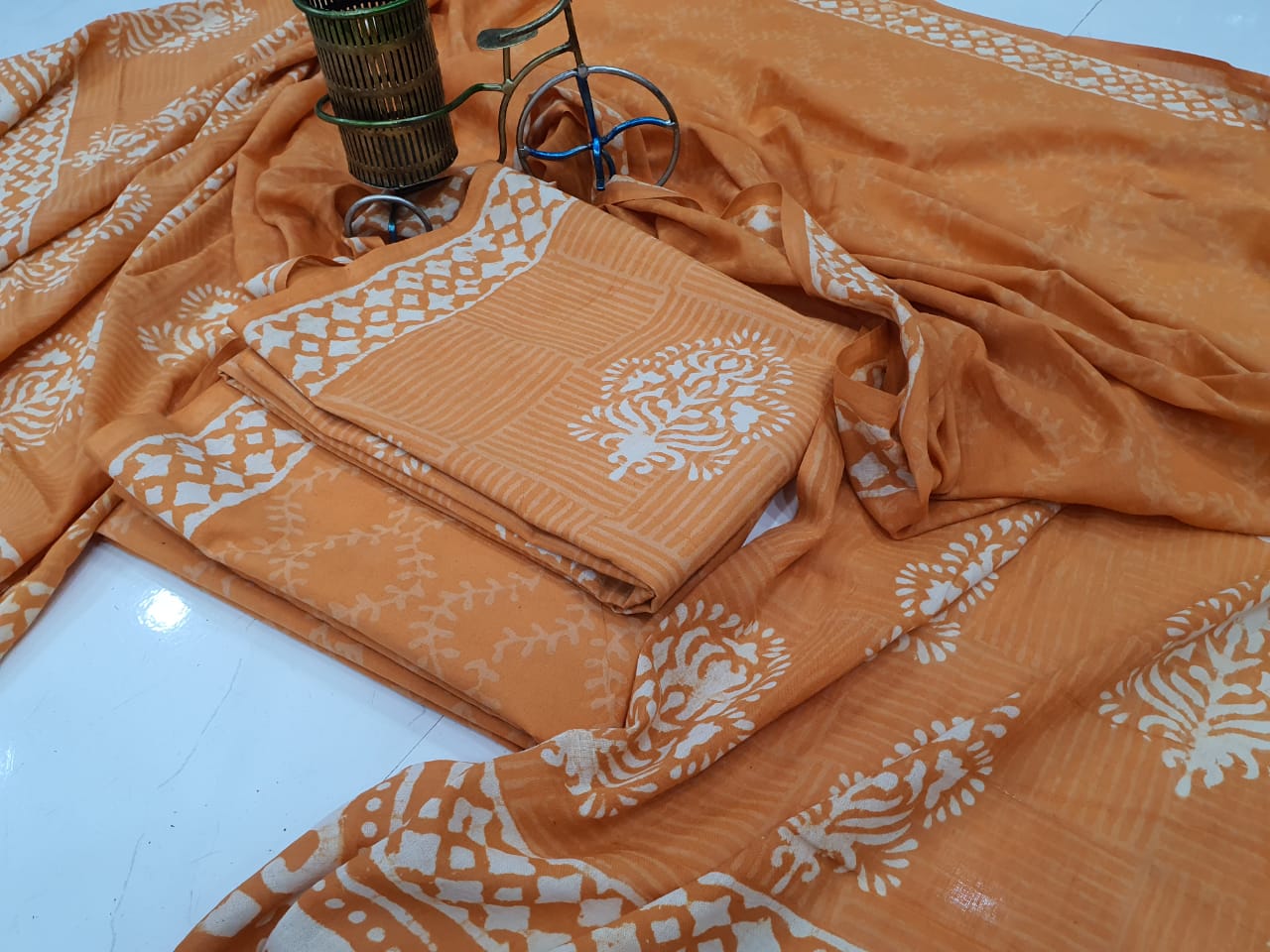 Light Brown Flower Print Cotton Suit Set with Mul Cotton Duppatta