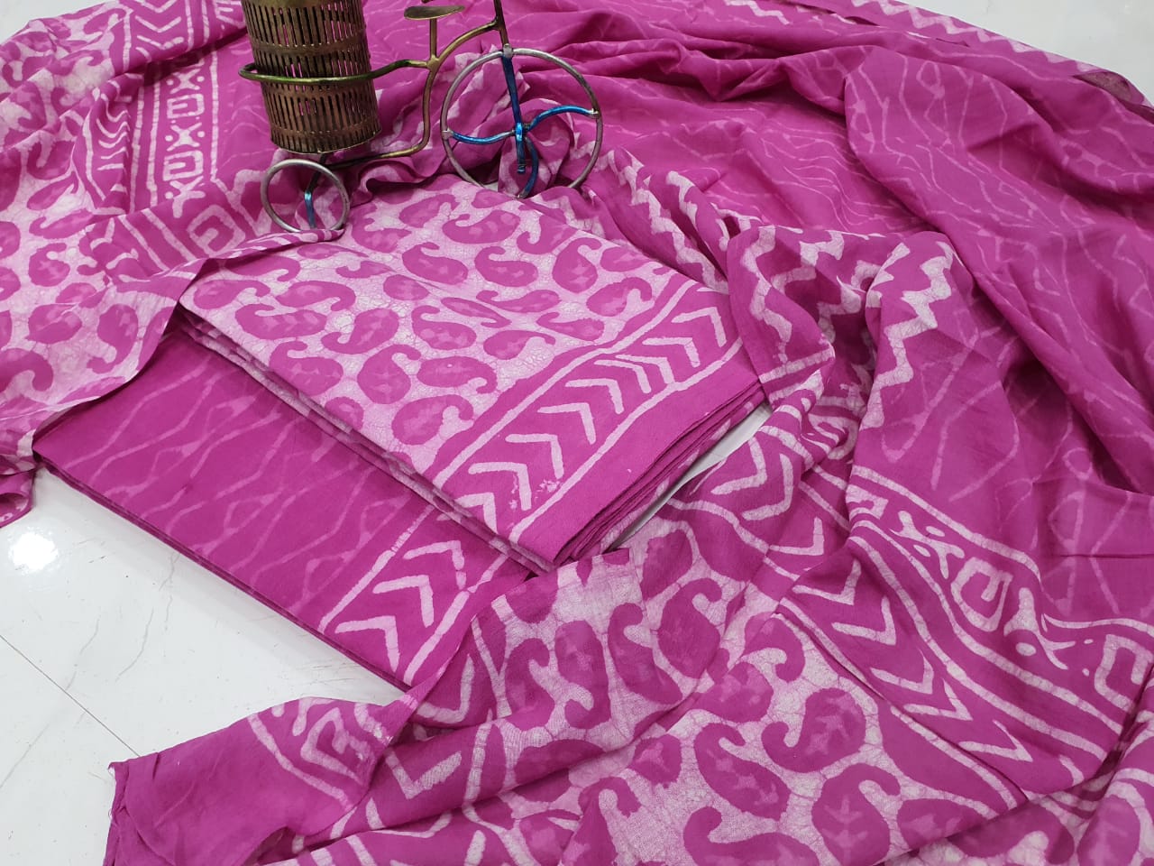 Rani Pink Printed Cotton Suit Set with Mul Cotton Duppatta