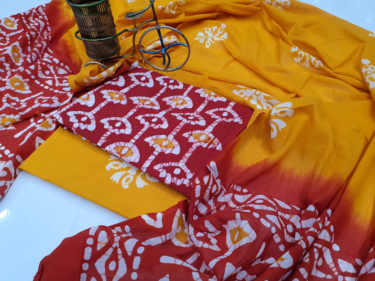 Yellow Leaf Print Cotton Suit Set with Mul Cotton Duppatta