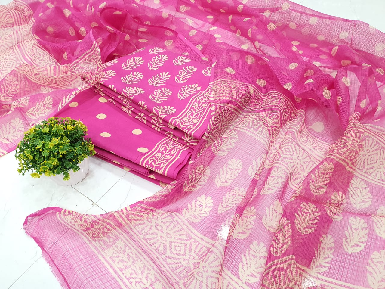Dark Pink Flower Print Cotton Suit Set with Kota Doriya Dupatta