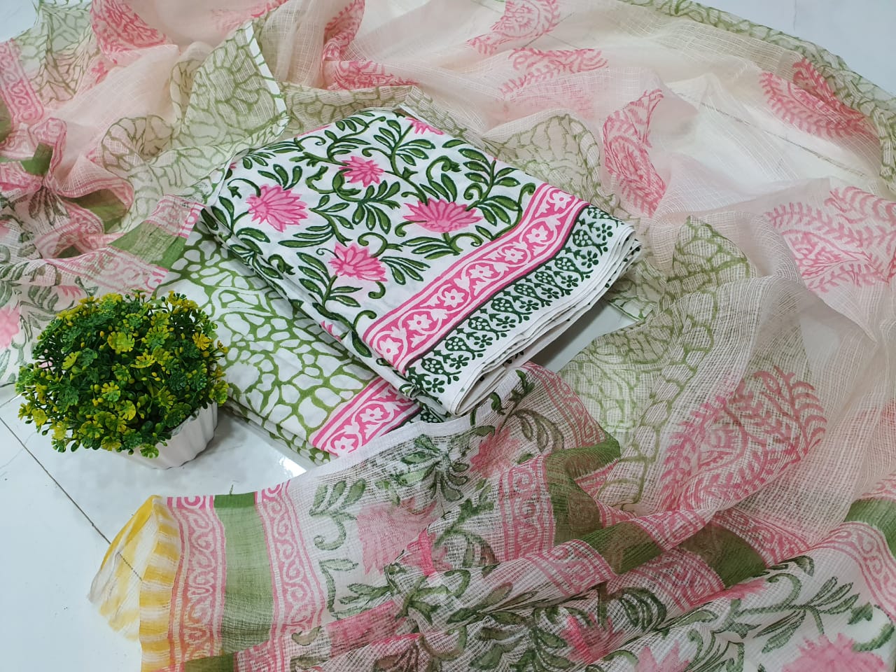 Green & Pink Leaf Print Cotton Suit Set with Kota Doriya Dupatta