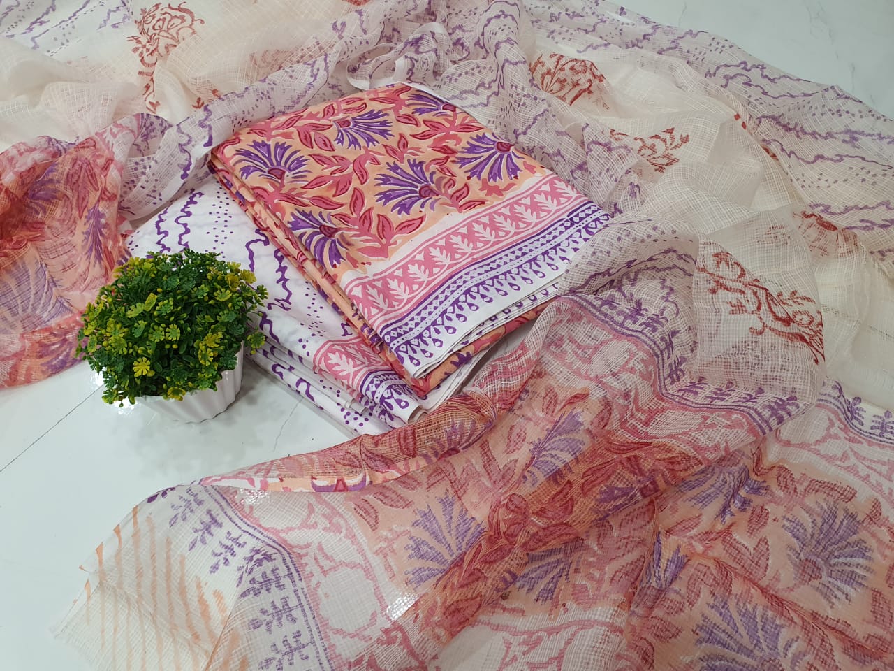Peach & Pink Leaf Print Cotton Suit Set with Kota Doriya Dupatta