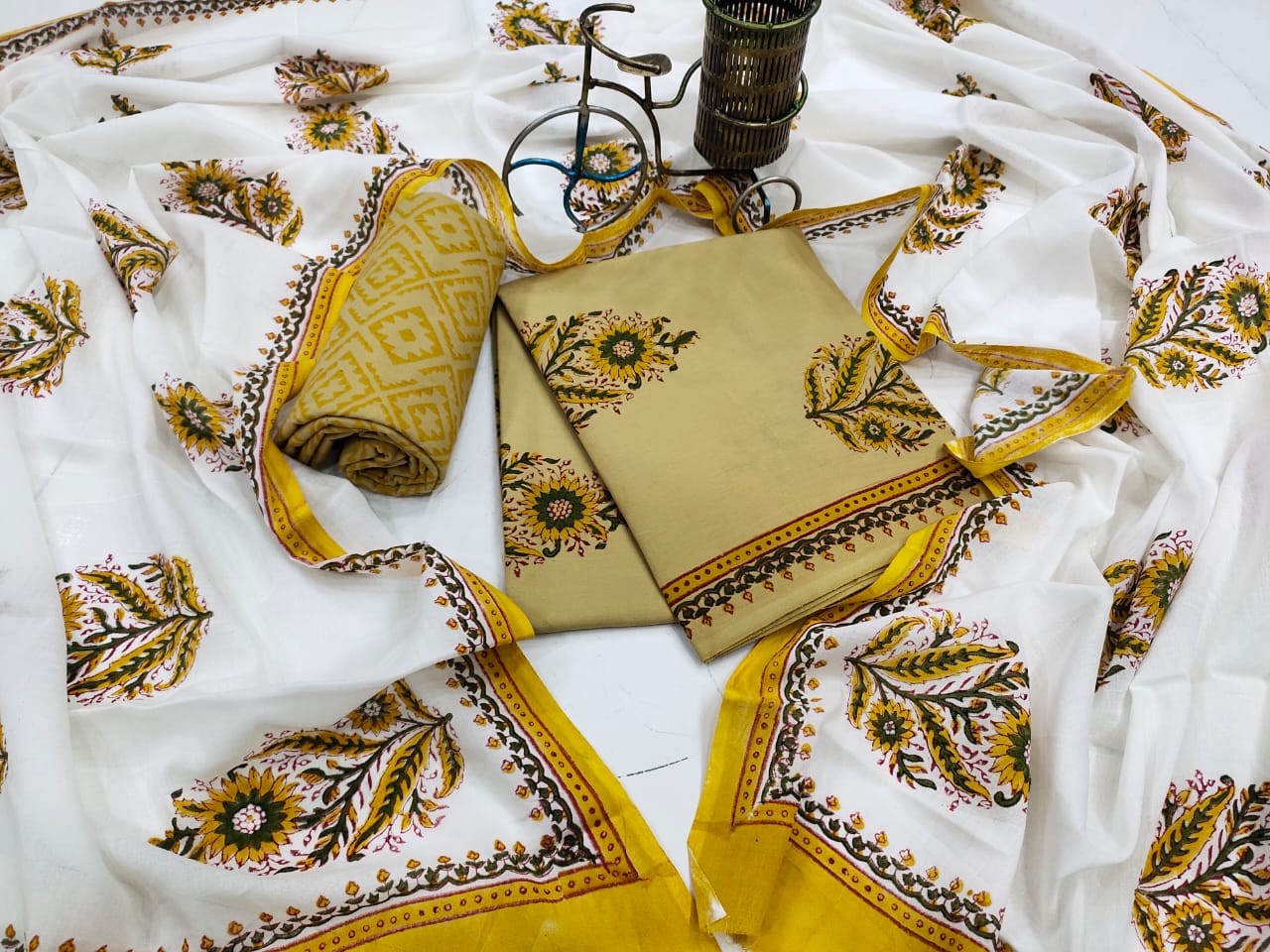 Mustard Flower Print Cotton Suit Set with Mul Cotton Duppatta