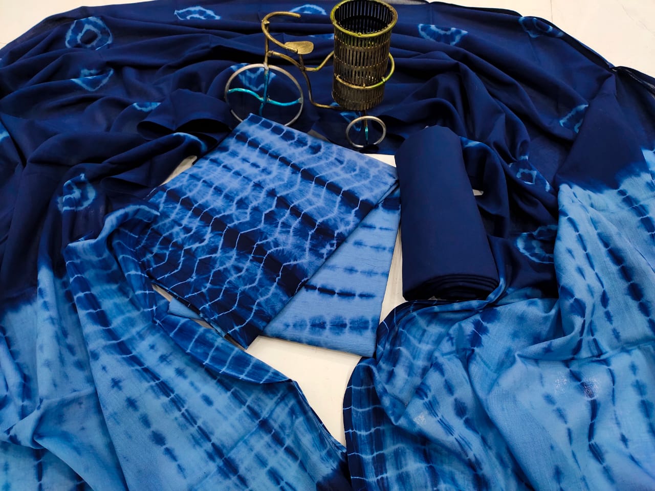Blue Tie & Die Print Cotton Suit Set with Mul Cotton Duppatta