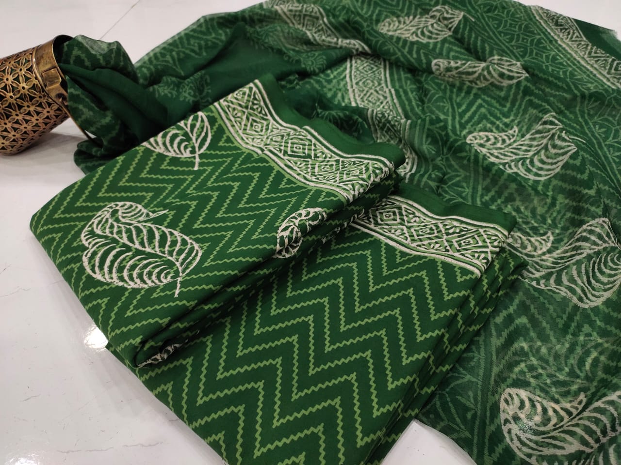 Green Leaf Hand Block Print Cotton Suit Set with Chiffon Dupatta