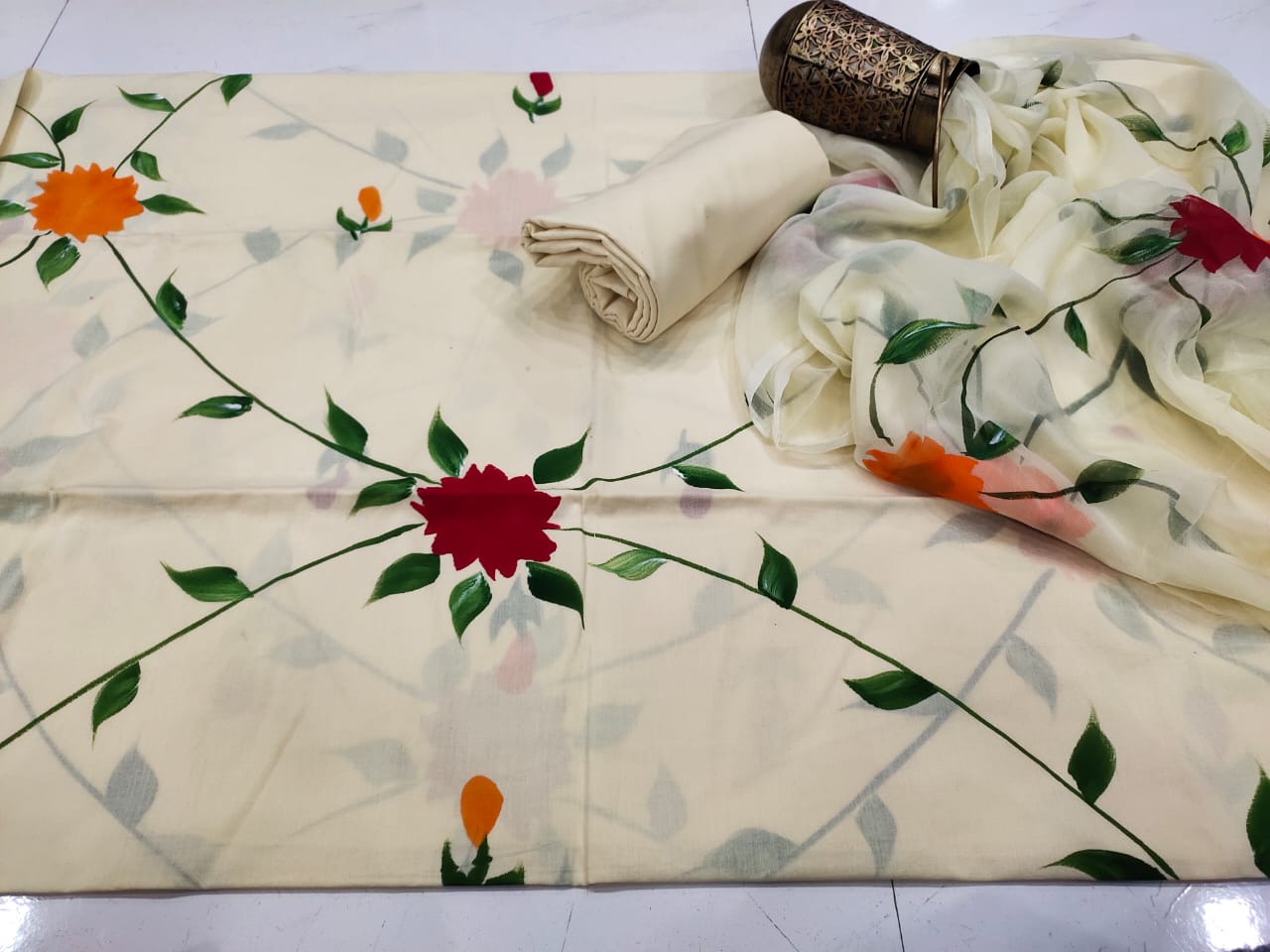 Cream Flower Hand Block Print Cotton Suit Set with Chiffon Dupatta