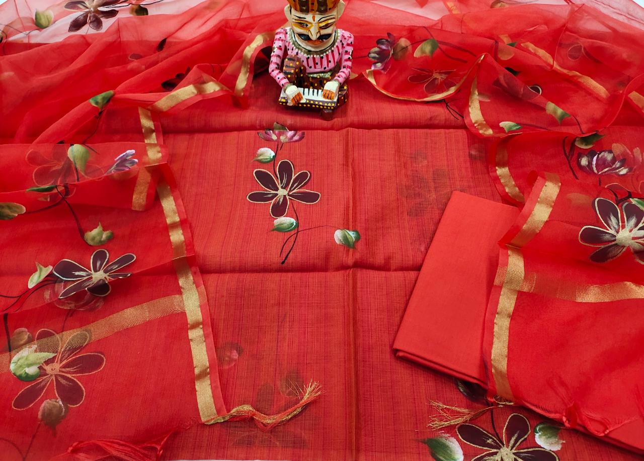 Red Flower Print Chanderi Silk Unstitched Suit Set with Organza Dupatta