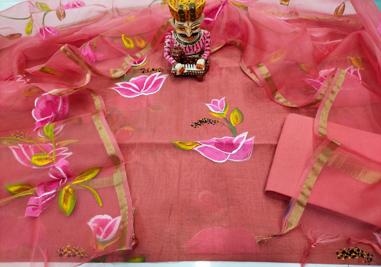 Peach Flower Print Chanderi Silk Unstitched Suit Set with Organza Dupatta