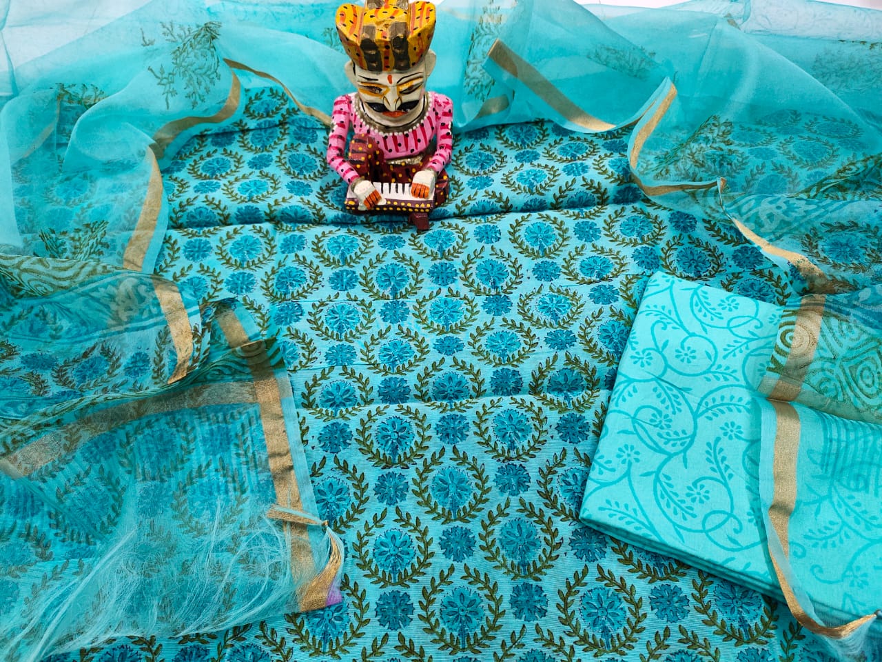 Sky Blue Leaf Print Chanderi Silk Unstitched Suit Set with Organza Dupatta