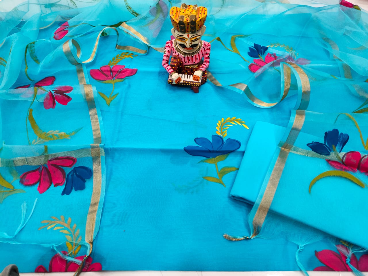 Sky Blue Flower Print Chanderi Silk Unstitched Suit Set with Organza Dupatta