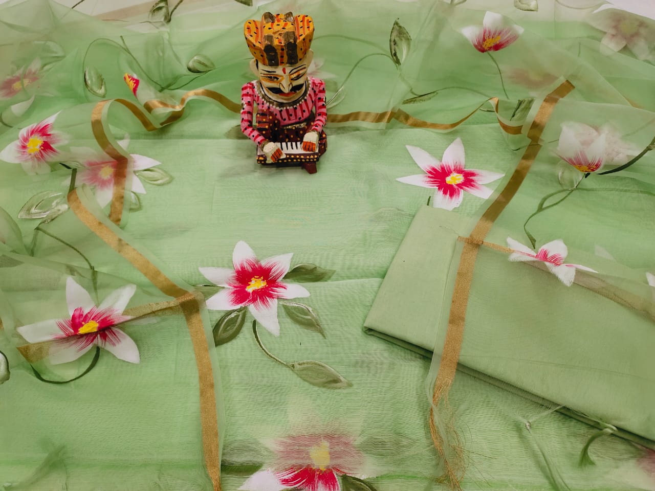 Green Flower Print Chanderi Silk Unstitched Suit Set with Organza Dupatta