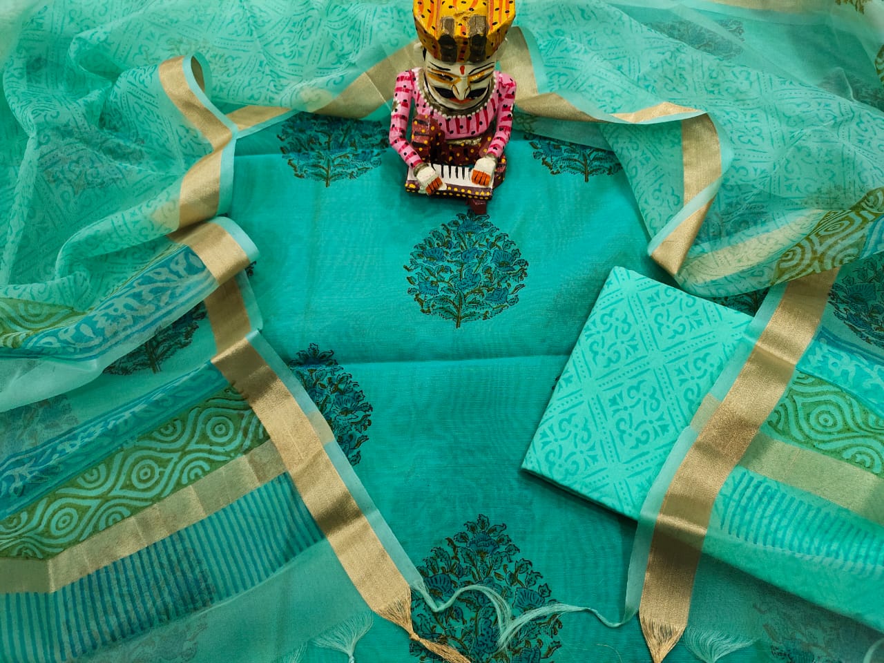 Green Leaf Print Chanderi Silk Unstitched Suit Set with Organza Dupatta
