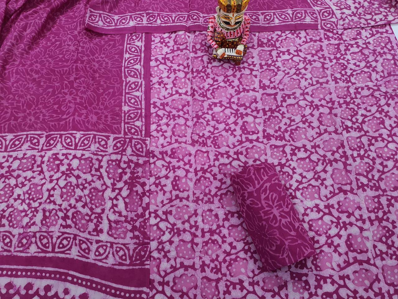 Dark Pink Flower Print Cotton Suit Set with Cotton Duppatta