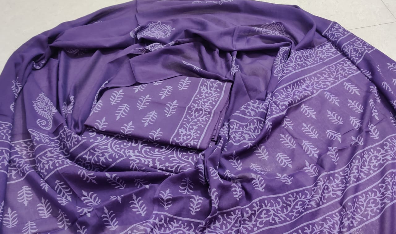 Dark Violet Leaf Print Cotton Unstitched Suit Set with Cotton Dupatta