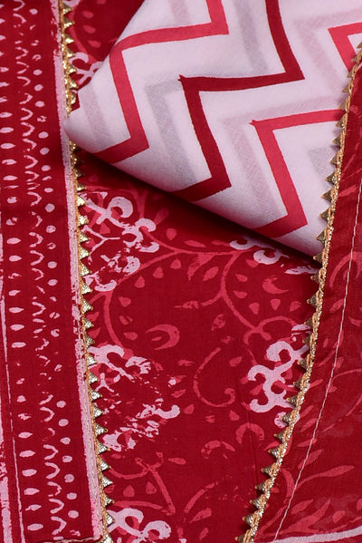 Red Flower Gota Work Cotton Suit Set with Cotton Dupatta
