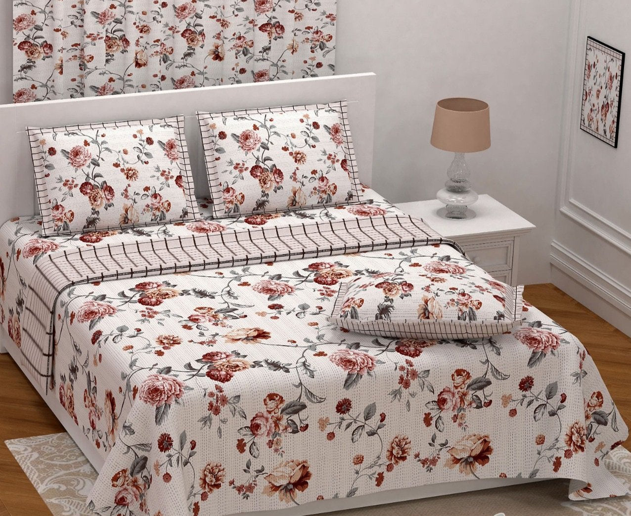 Cream Base Red & Orange Multi color Flower Print 108*108, XXL Size Premium Cotton Bed Sheet