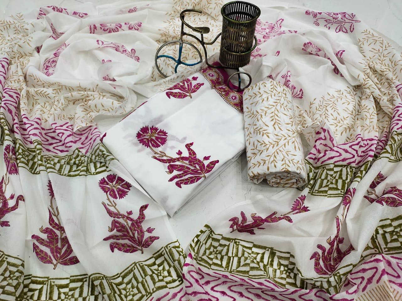 Off White Flower Print Cotton Suit Set with Mul Cotton Duppatta