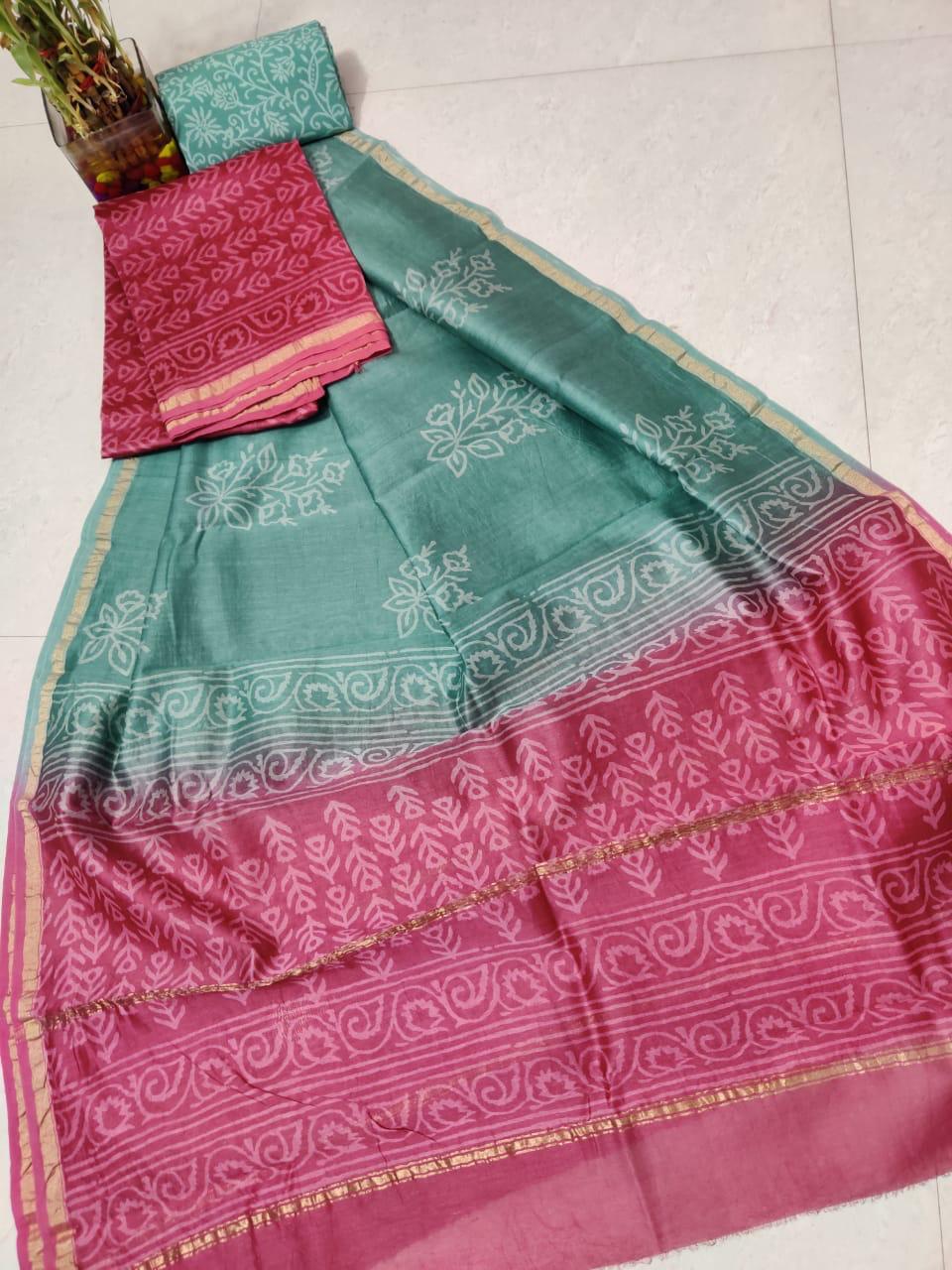 Green & Pink Flower Print Chanderi Unstitched Suit Set with Chanderi Dupatta