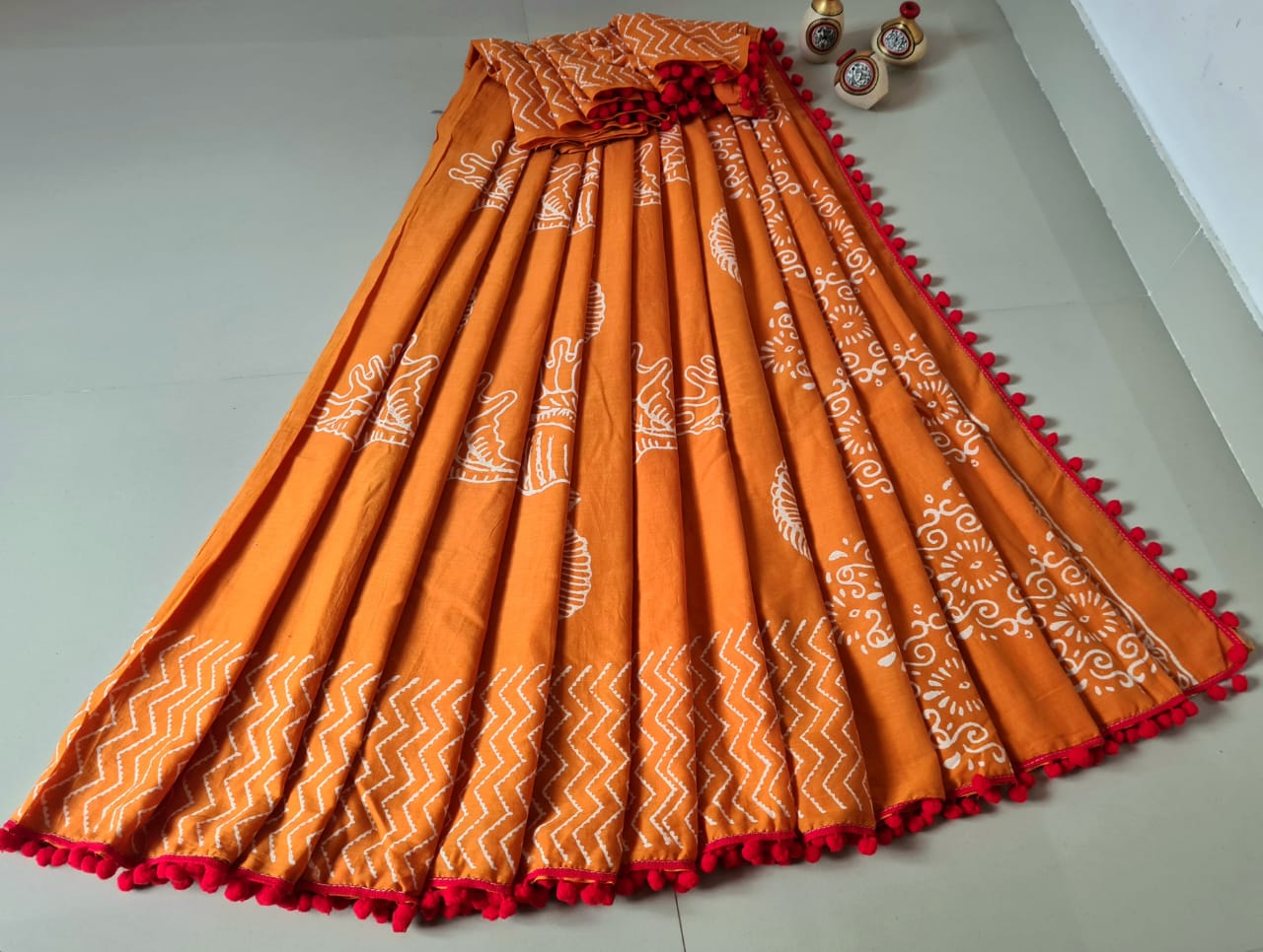 Orange Flower Print Cotton Mul Mul Saree with Blouse and Pom Pom Lace