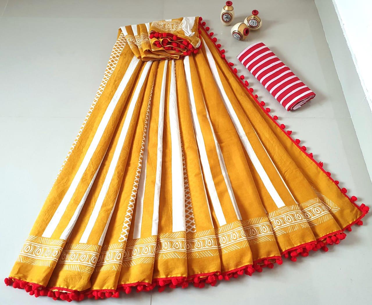 Yellow Strips Print Cotton Mul Mul Saree with Blouse and Pom Pom Lace