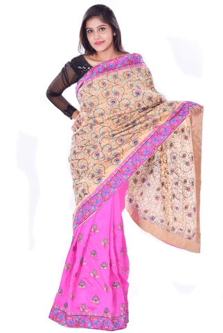 Pink Floral Embroidery Kanchan Tusar Silk Saree