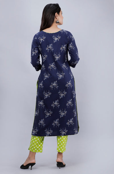 Blue Flower Print Cotton Stitched Suit Set with Kurti & Pant
